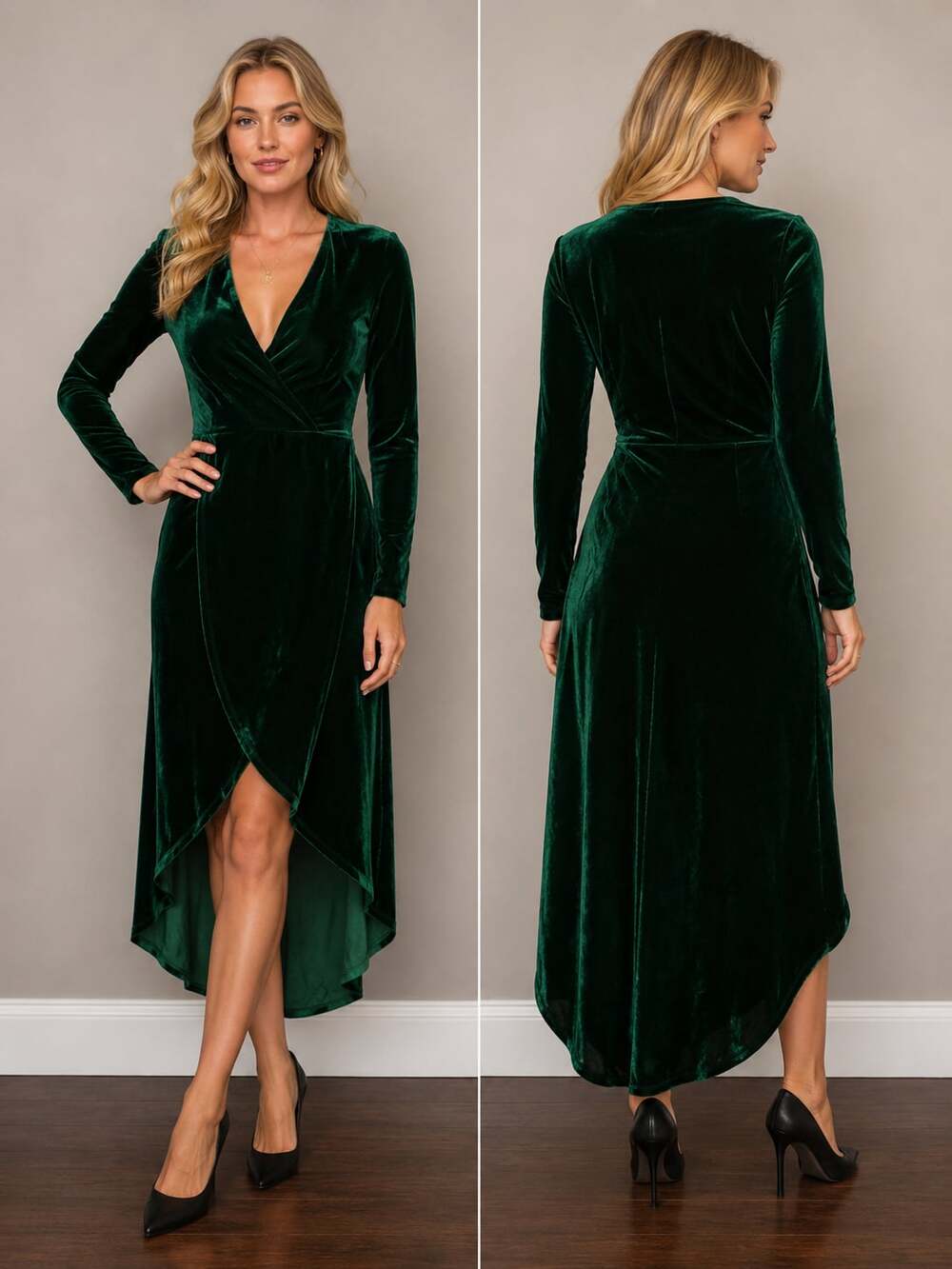 Lulus Emerald Green Velvet Long Sleeve Wrap Midi Dress
M126